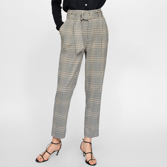 Plaid High Waist Belt Buckle Pants 